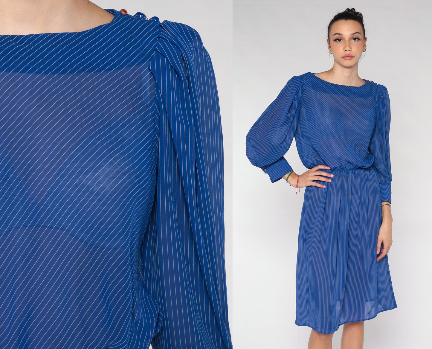 70s Striped Midi Dress Blue Sheer Puff Sleeve High Waist Small Medium