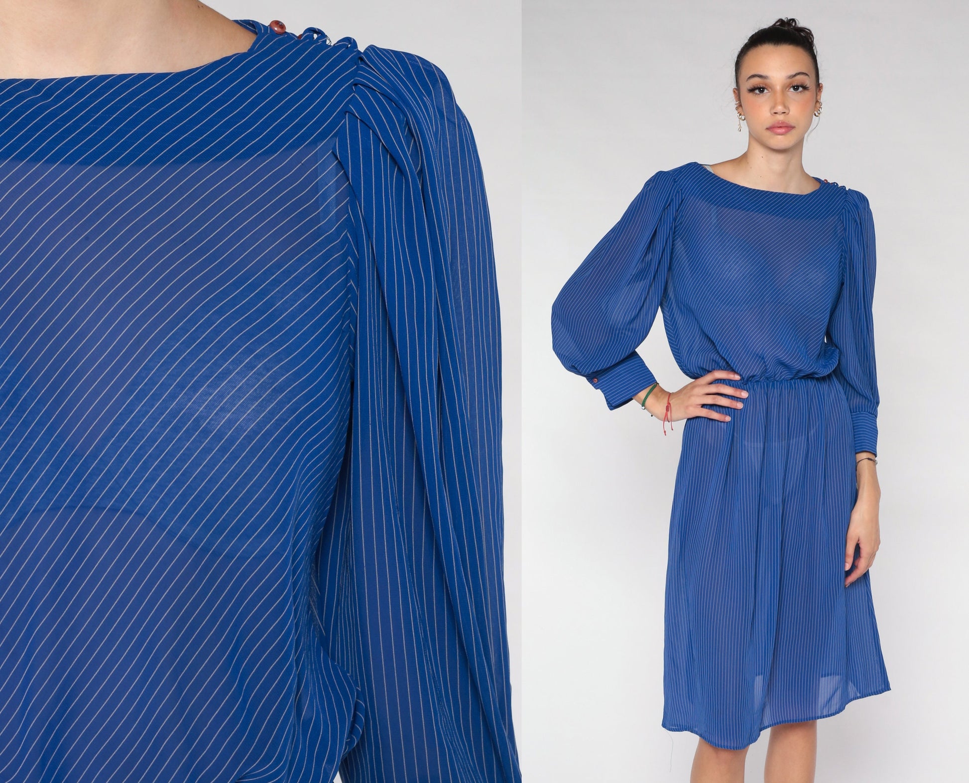 70s Striped Midi Dress Blue Sheer Puff Sleeve High Waist Small Medium