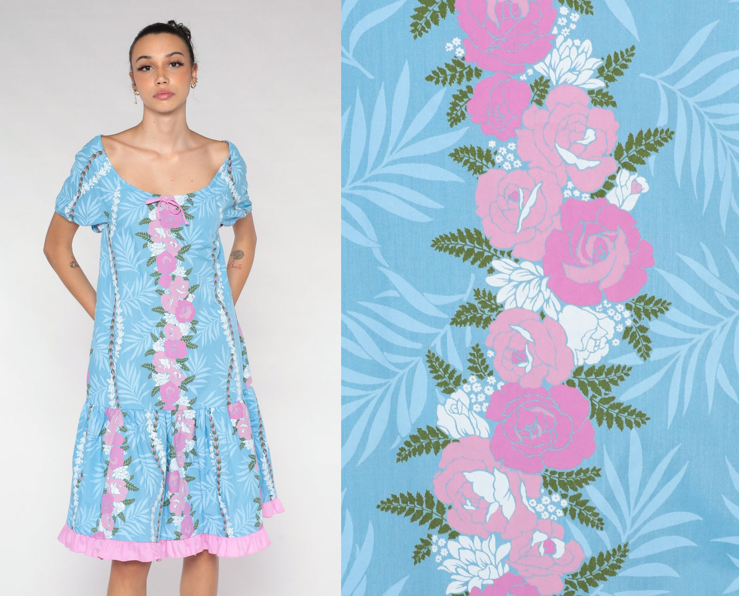 90s Blue Floral Midi Dress Pink Flower Fern Print Tent Cut Short Sleeve Extra Small