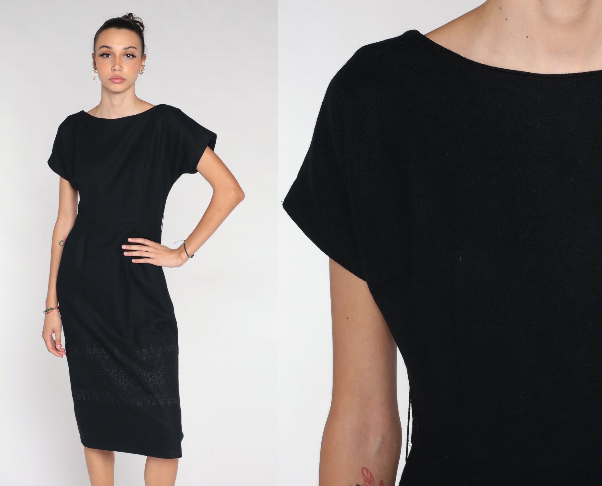 Black Wool Midi Shift Dress Cap Sleeve Embroidered 00s Small
