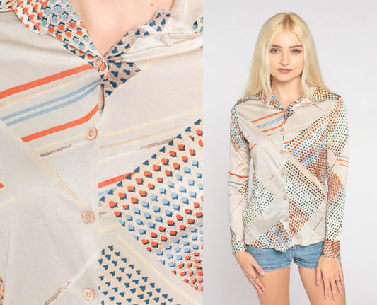 70s Abstract Dot Stripe Button Up Blouse Dagger Collar Beige Blue Orange Extra Small