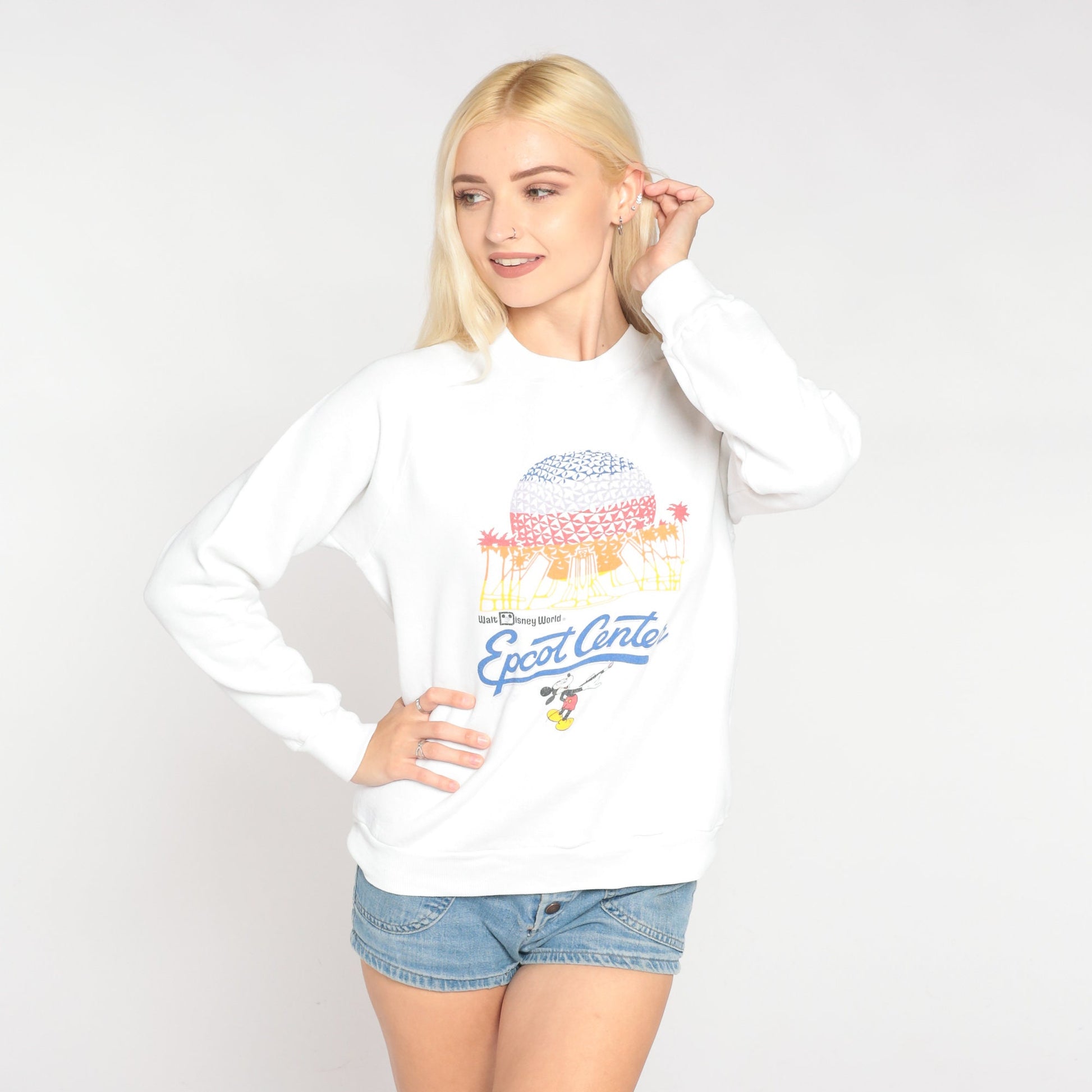 90s Epcot Center Walt Disney World Raglan Sweatshirt White Graphic Medium