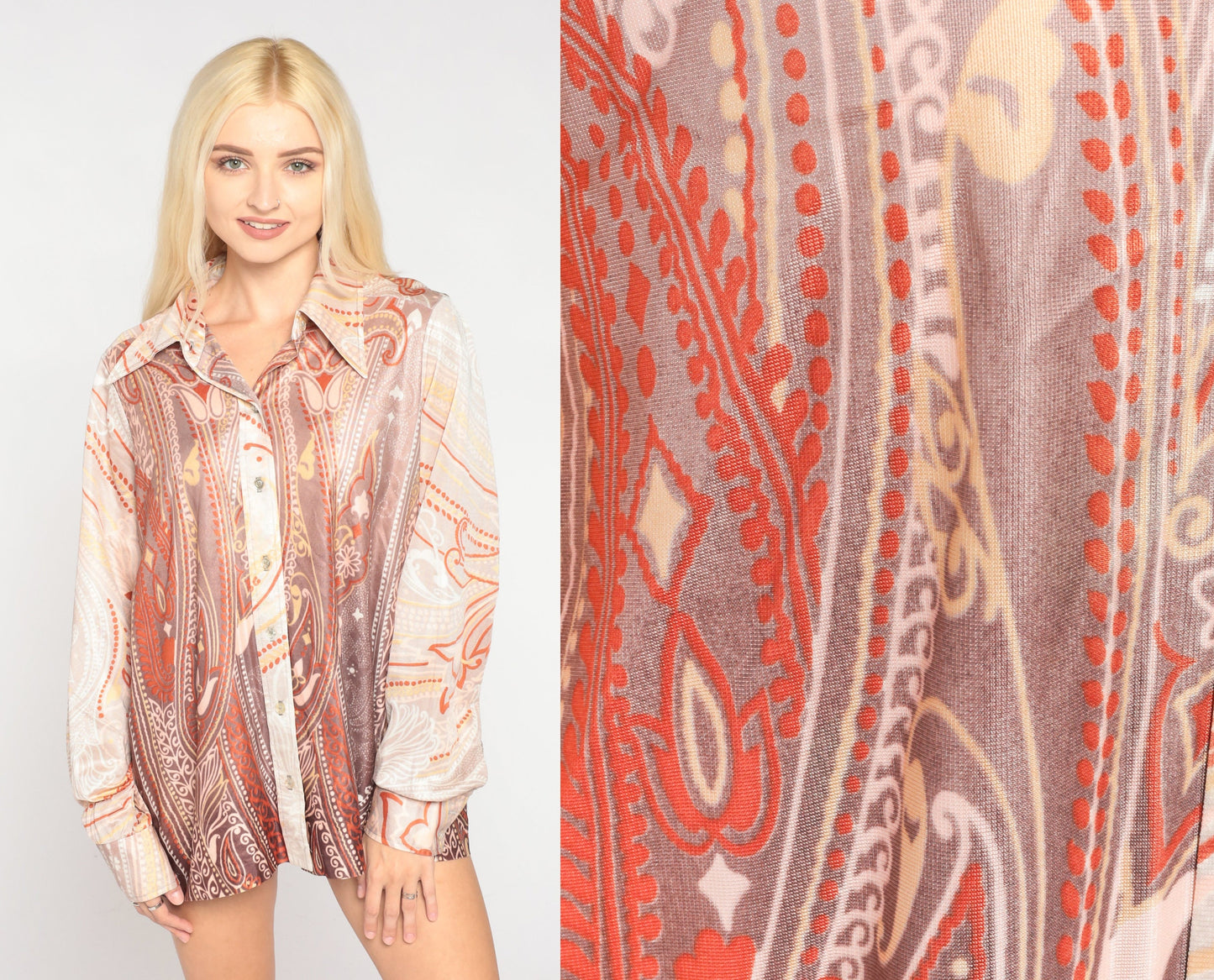 70s Paisley Floral Button Up Blouse Dagger Collar Long Sleeve Orange Large L