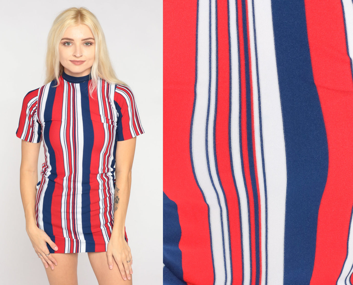 70s Striped Mock Neck Blouse Red White Blue Short Sleeve XXS
