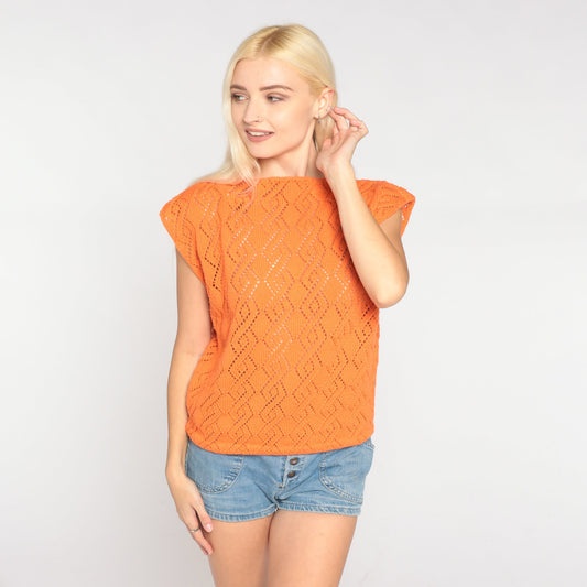 70s Orange Pointelle Knit Top Cap Sleeve Cutout Blouse Medium M