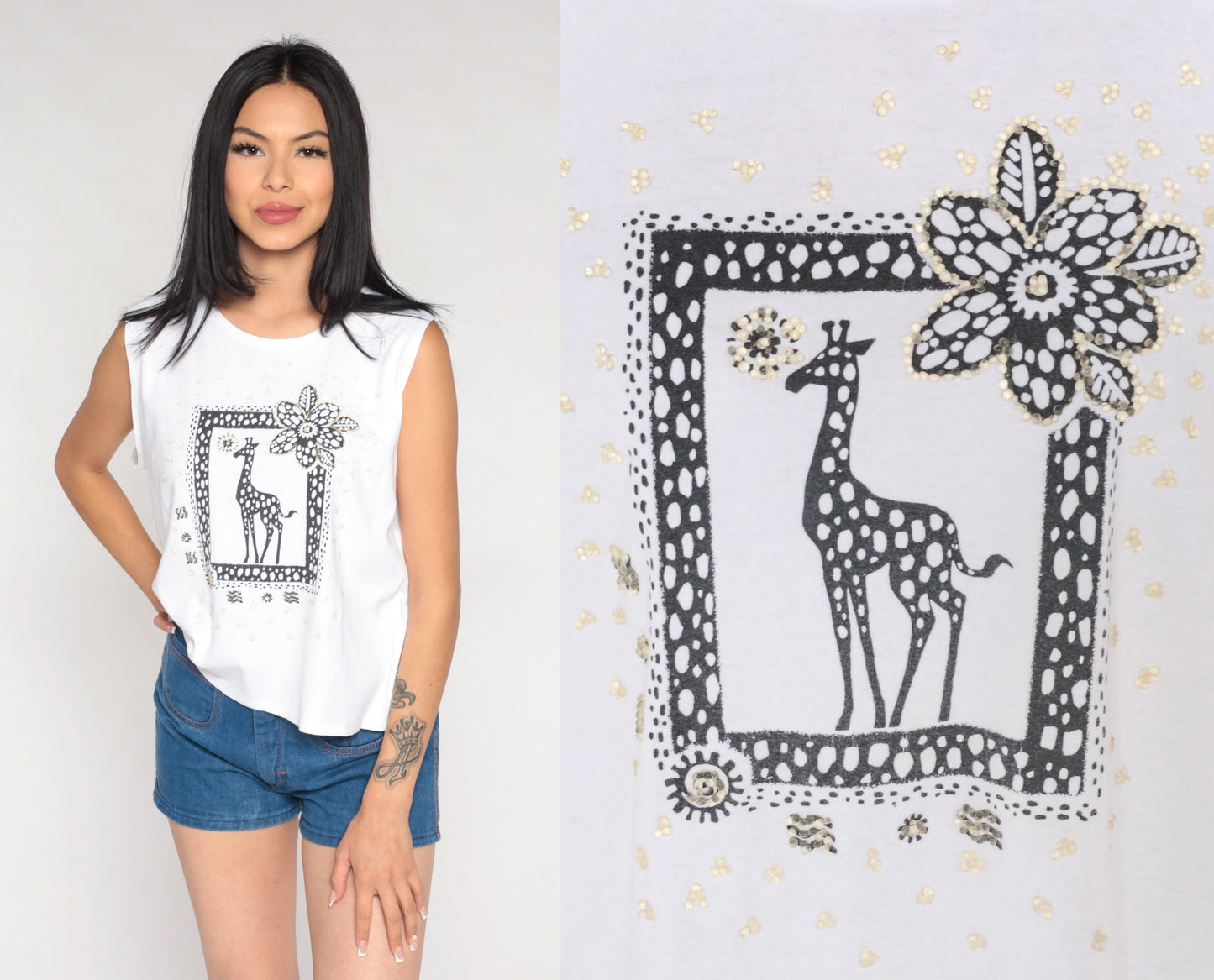 90s Kathy Lee Giraffe Beaded Tank Top Wildlife Graphic White Extra Large