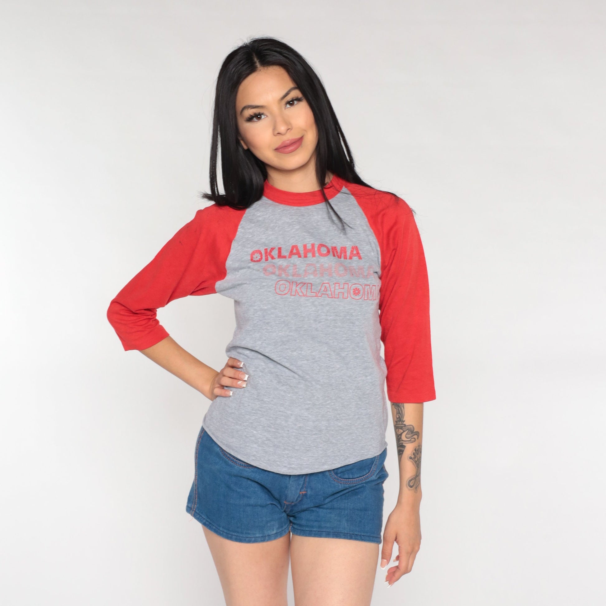 80s Oklahoma Ringer Tee Graphic T-Shirt Red Trim Raglan Small