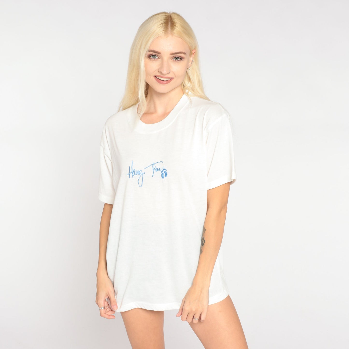 90s Hang Ten Embroidered Logo T-Shirt White Baby Blue Single Stitch Medium Large
