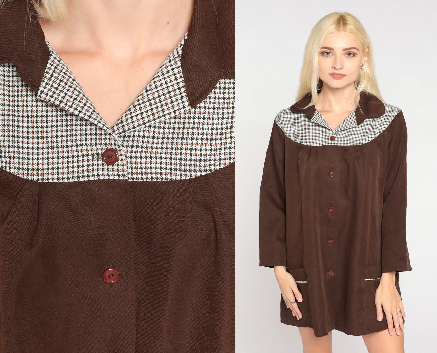 70s Brown Checkered Yoke Button-Up Tunic Blouse Long Sleeve Medium M