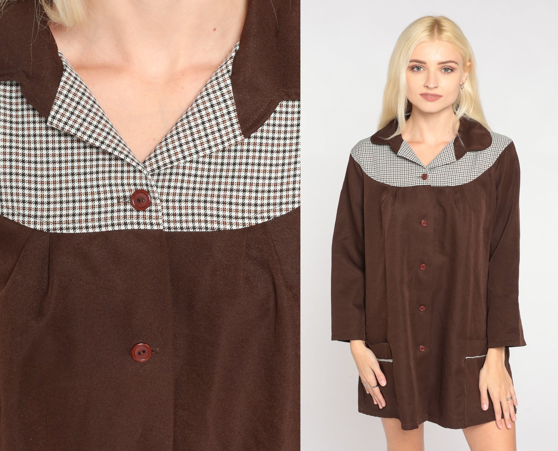 70s Brown Checkered Yoke Button-Up Tunic Blouse Long Sleeve Medium M