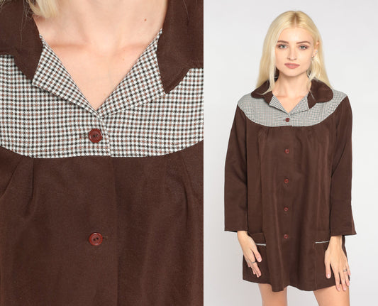 70s Brown Checkered Yoke Button-Up Tunic Blouse Long Sleeve Medium M