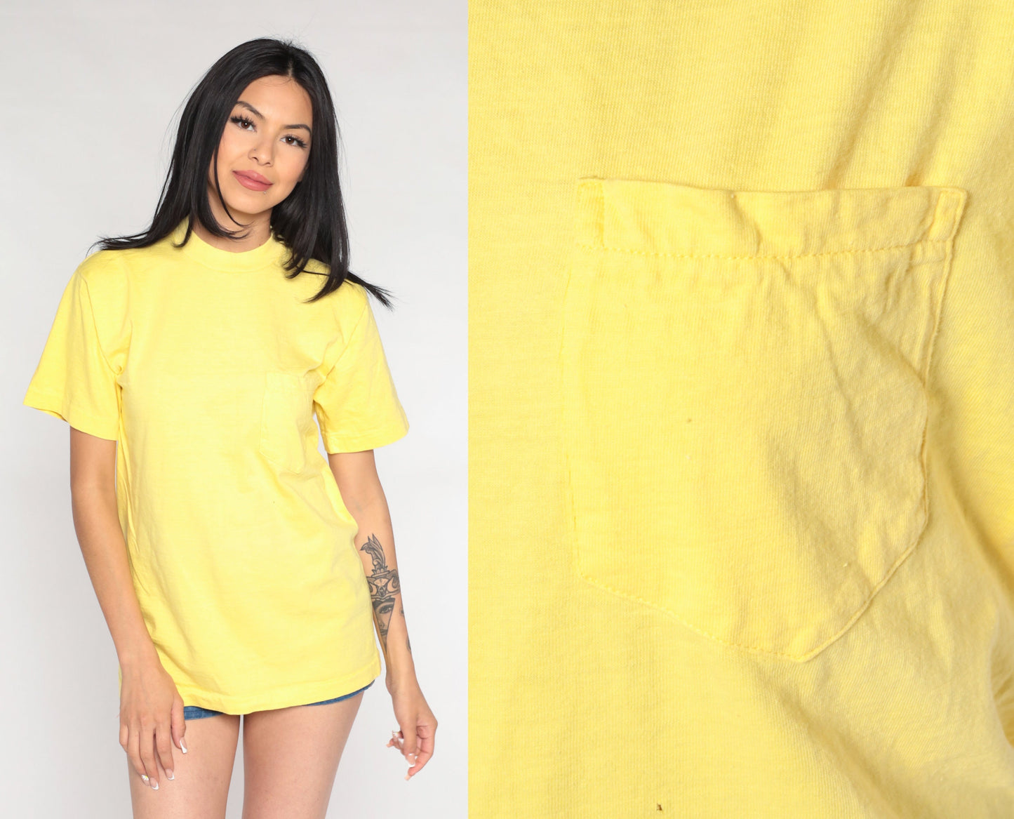 90s Yellow Cotton Pocket T-Shirt Plain Tee Single Stitch Medium