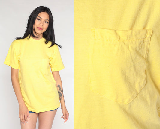 90s Yellow Cotton Pocket T-Shirt Plain Tee Single Stitch Medium