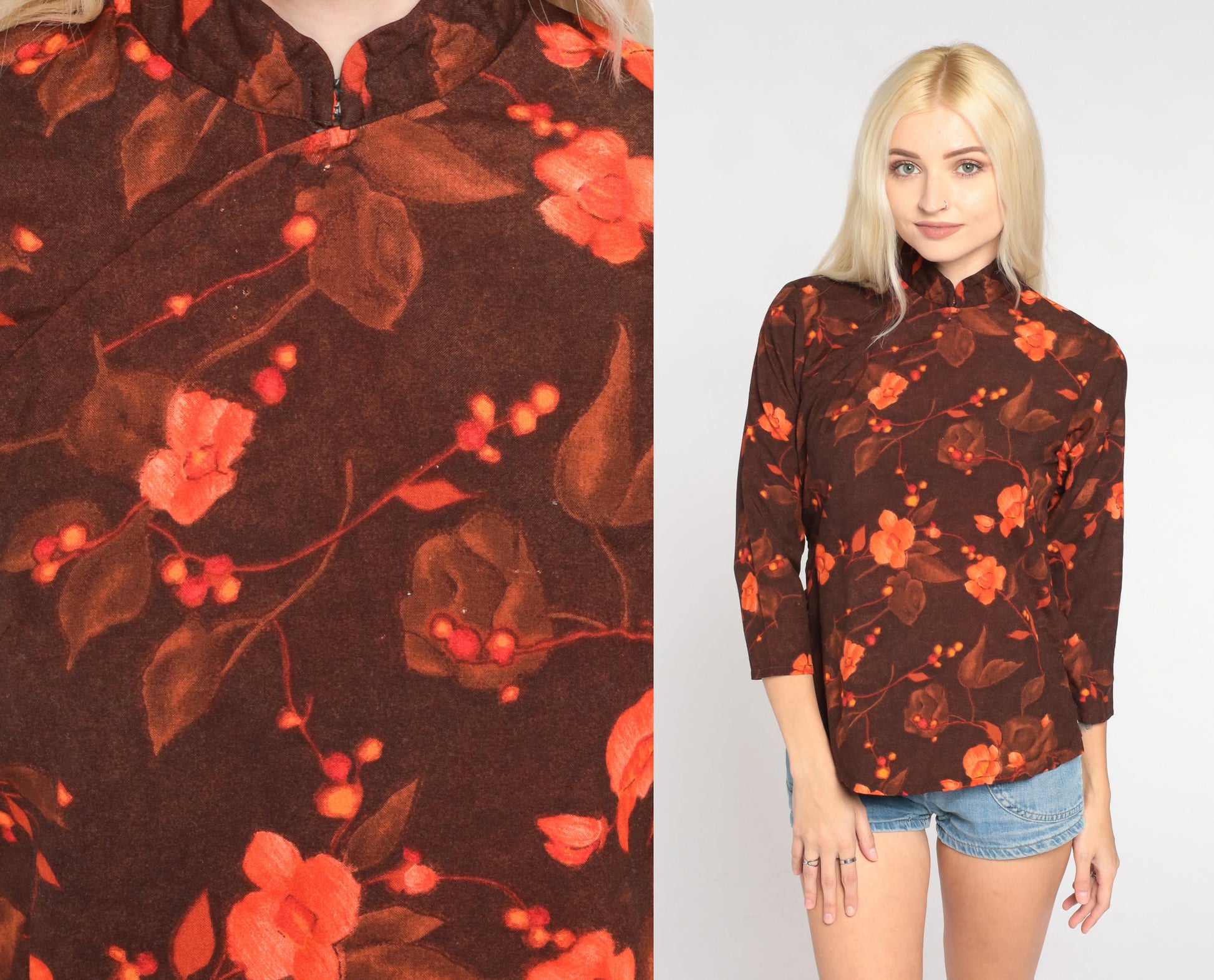 90s Floral Blouse Brown Orange Mandarin Collar 3/4 Sleeve Shirt Extra Small