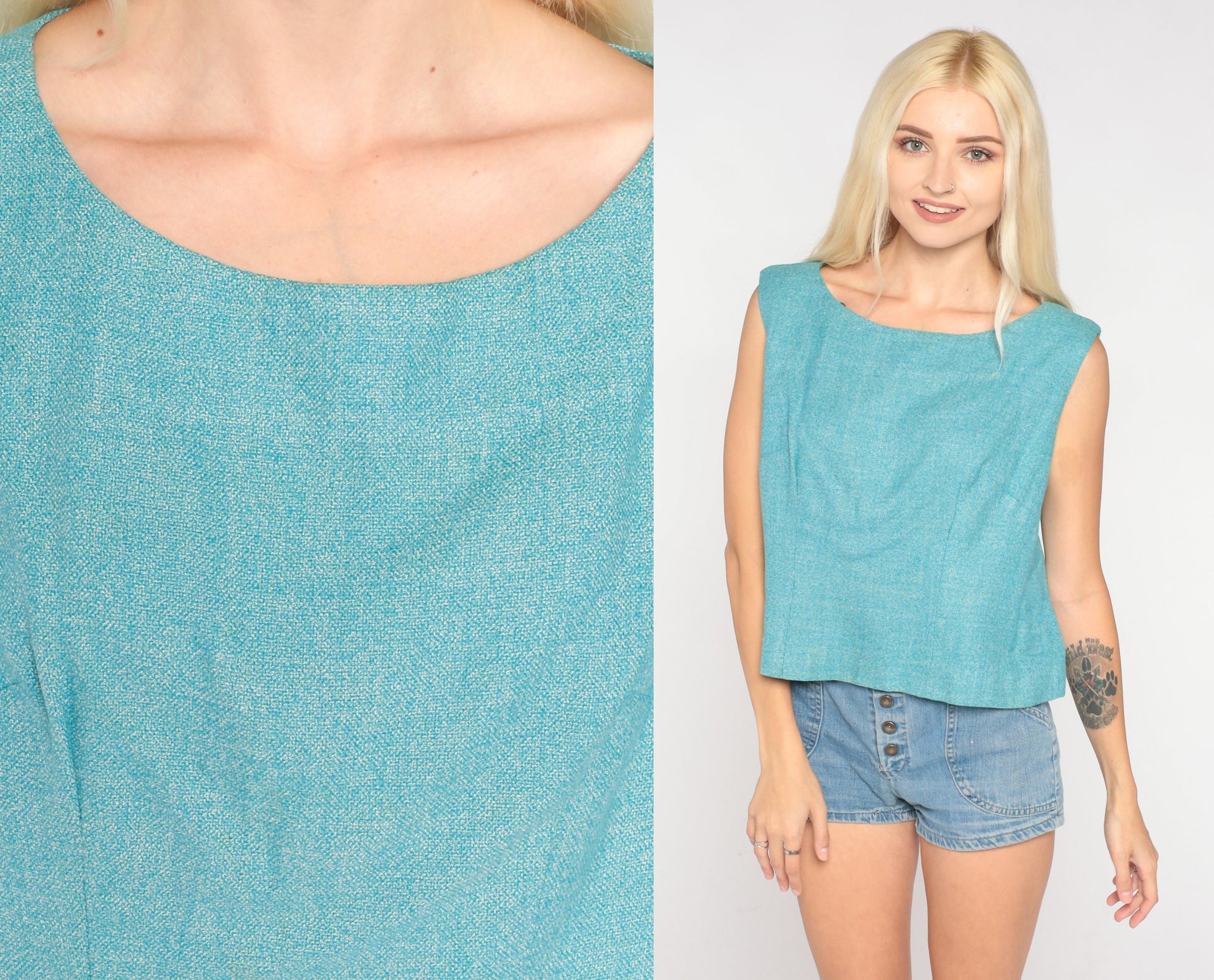 60s Blue Crop Top Sleeveless Blouse Button Back Tank Medium