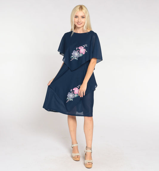 80s Navy Floral Capelet Mini Dress Draped V-Back Flutter Sleeve Medium
