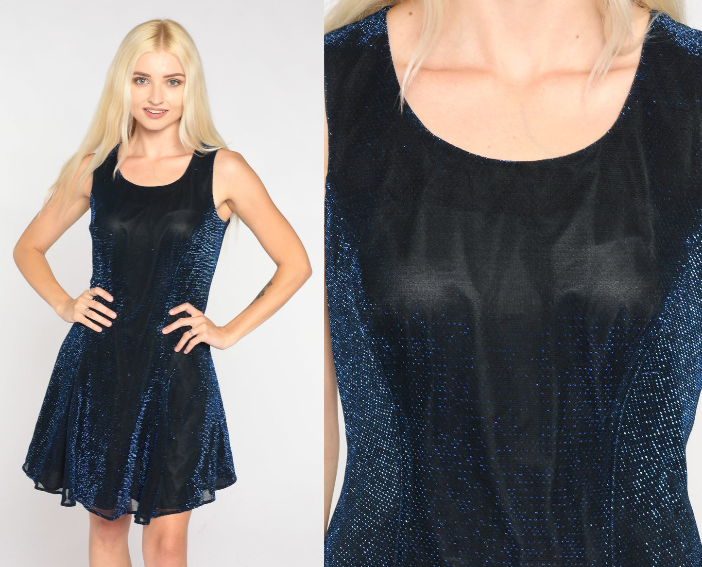 90s Metallic Blue Mini Dress Sleeveless Skater Cut Lace-Up Back Small S