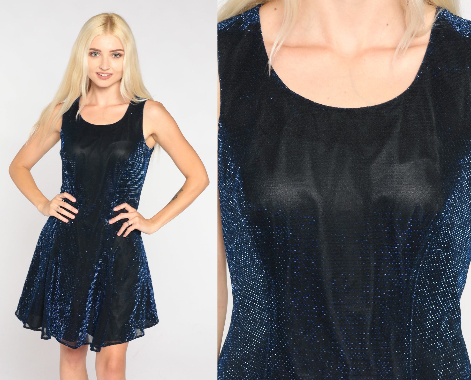 90s Metallic Blue Mini Dress Sleeveless Skater Cut Lace-Up Back Small S