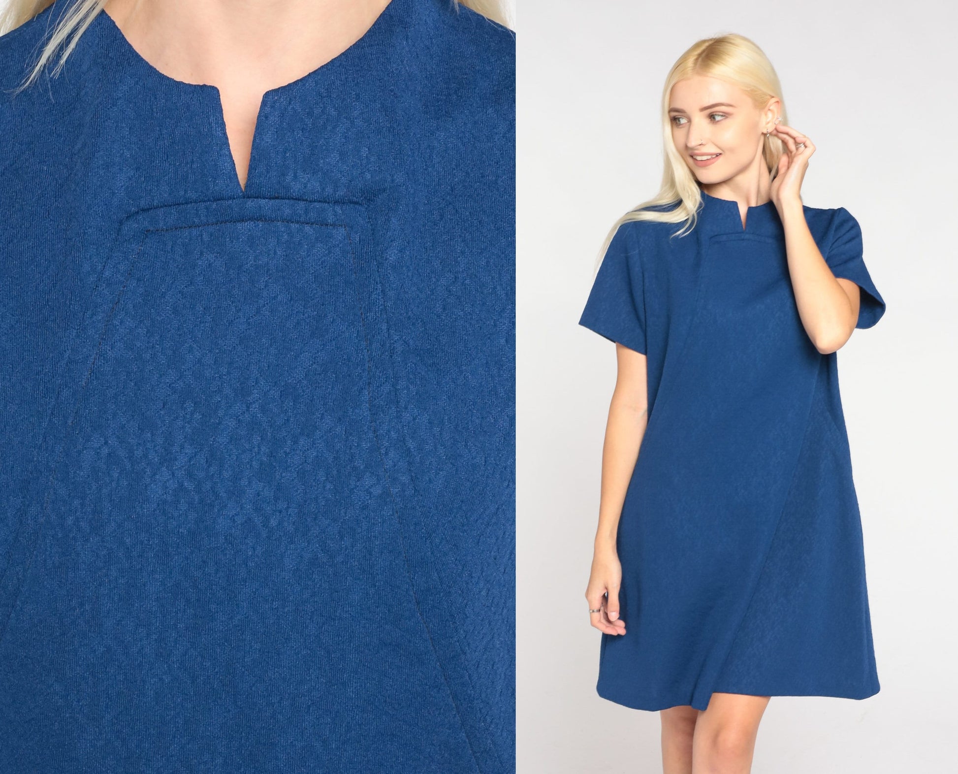 60s Navy Shift Dress Floral Embossed Mini Short Sleeve Large L