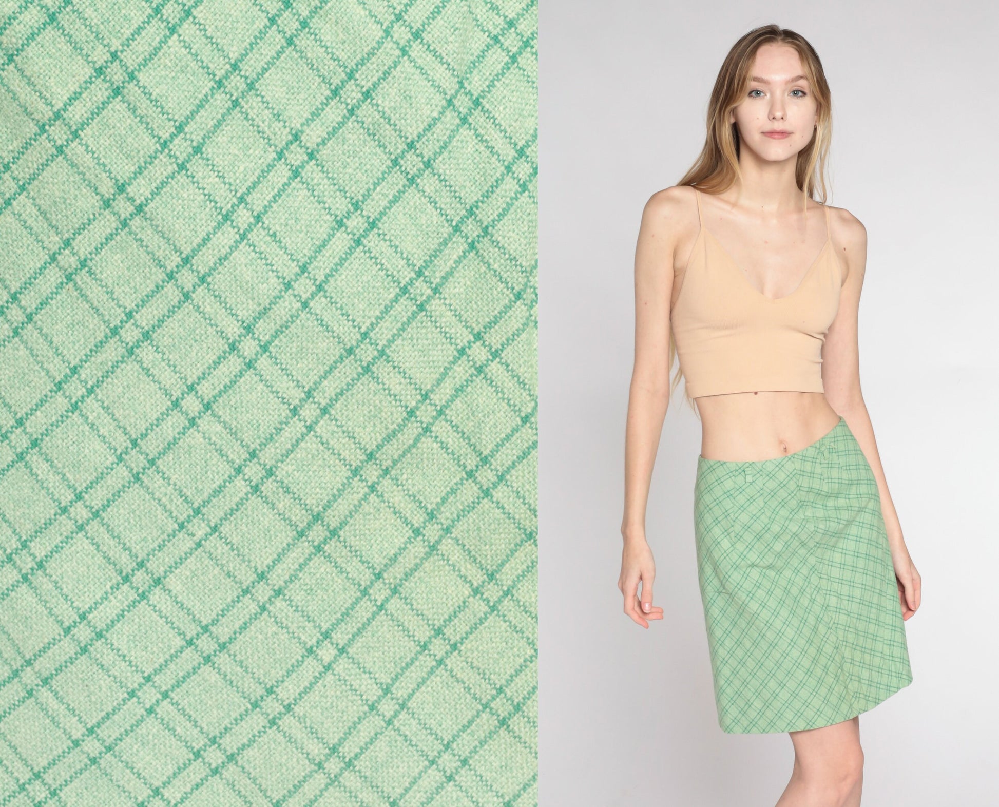 60s Green Checkered Mini Skirt High Waist Pencil Cut Small