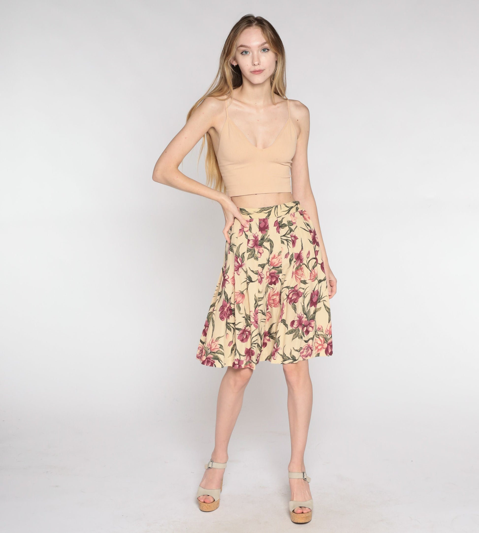 90s Floral Pleated Skirt High Waist Knee Length Yellow Pink Extra Small