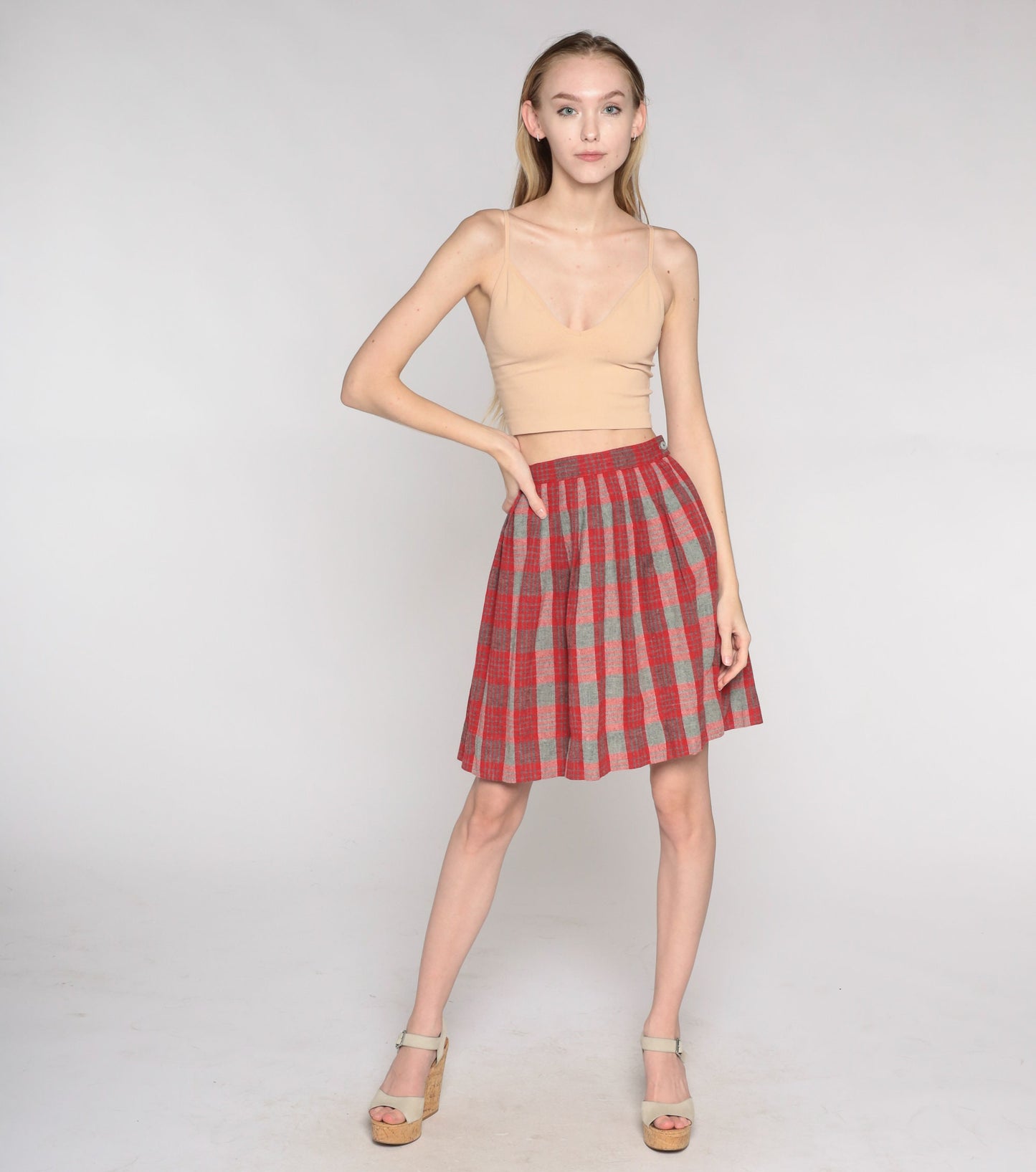 60s Red Grey Plaid Wool Mini Skirt High Waist Pleated XXS