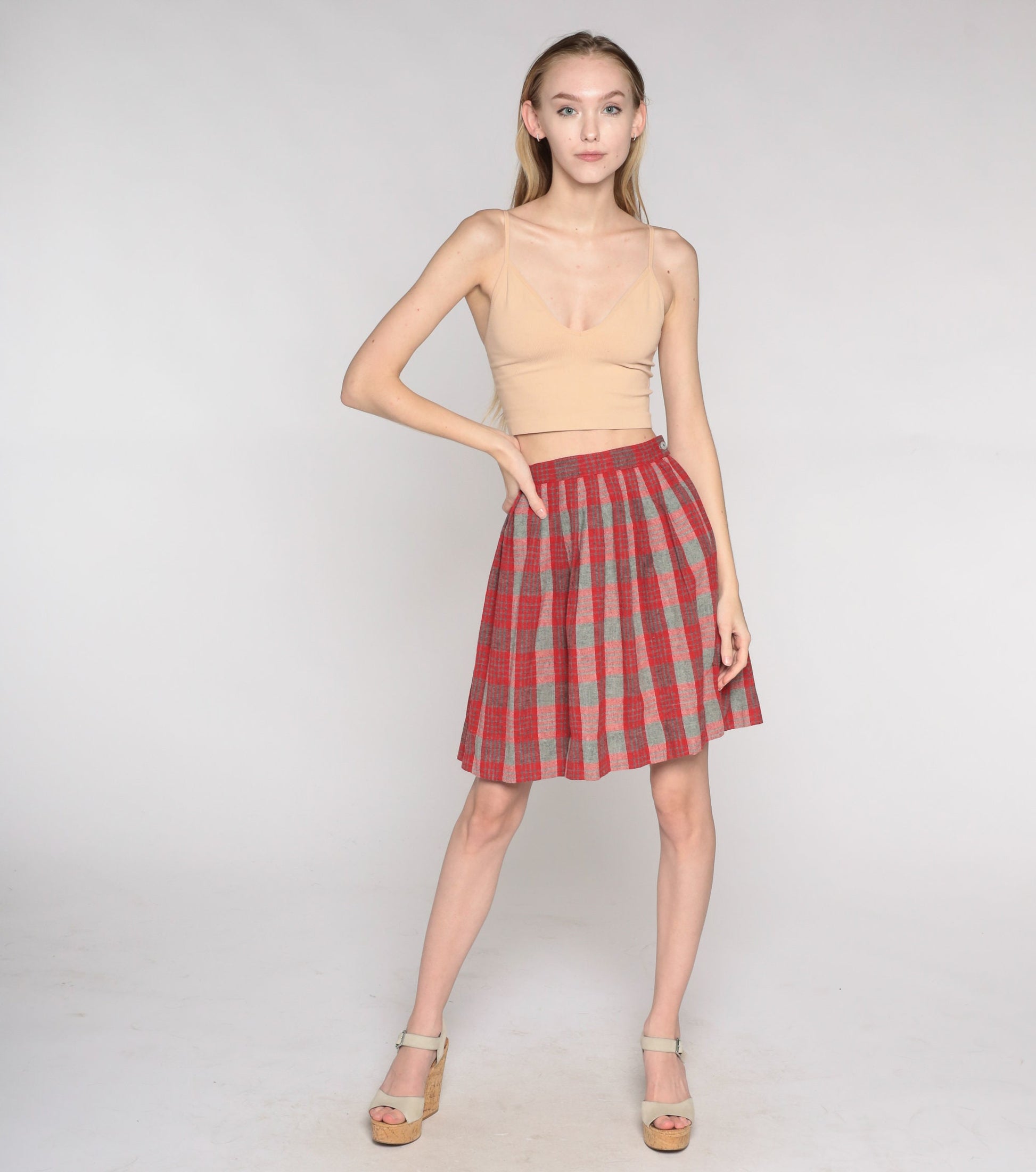 60s Red Grey Plaid Wool Mini Skirt High Waist Pleated XXS