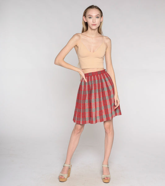 60s Red Grey Plaid Wool Mini Skirt High Waist Pleated XXS
