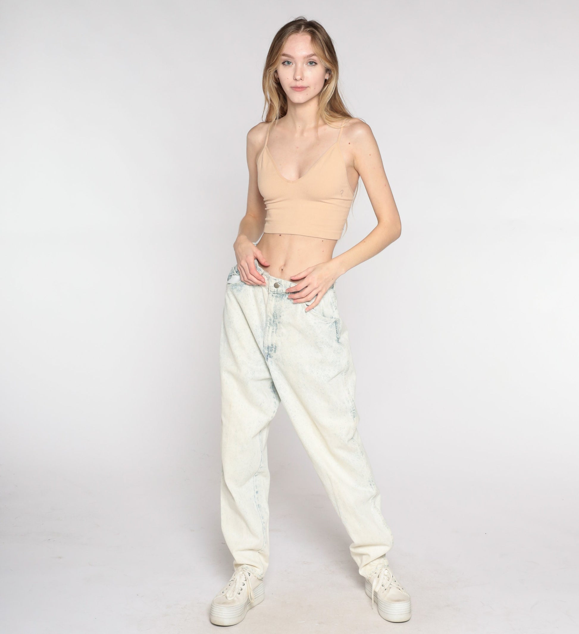 90s Acid Wash High-Waisted Jeans Light Blue Denim Relaxed Fit Small S