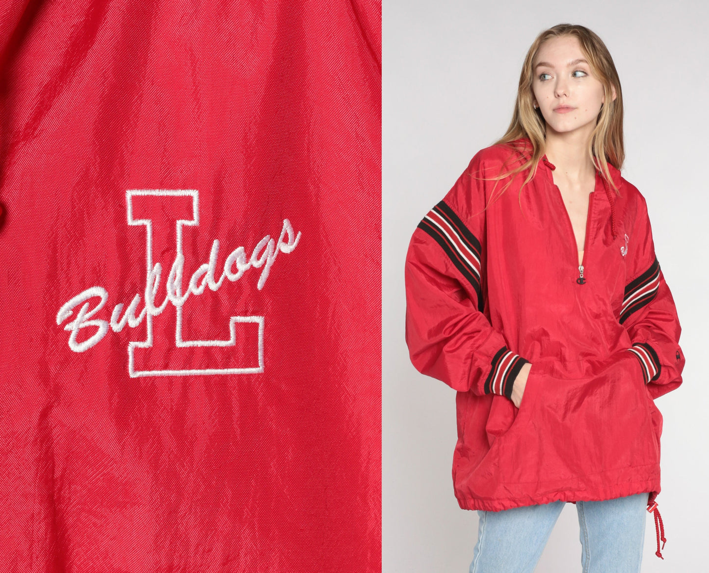 90s Champion Bulldogs Hooded Windbreaker Quarter Zip Red Black White XXL