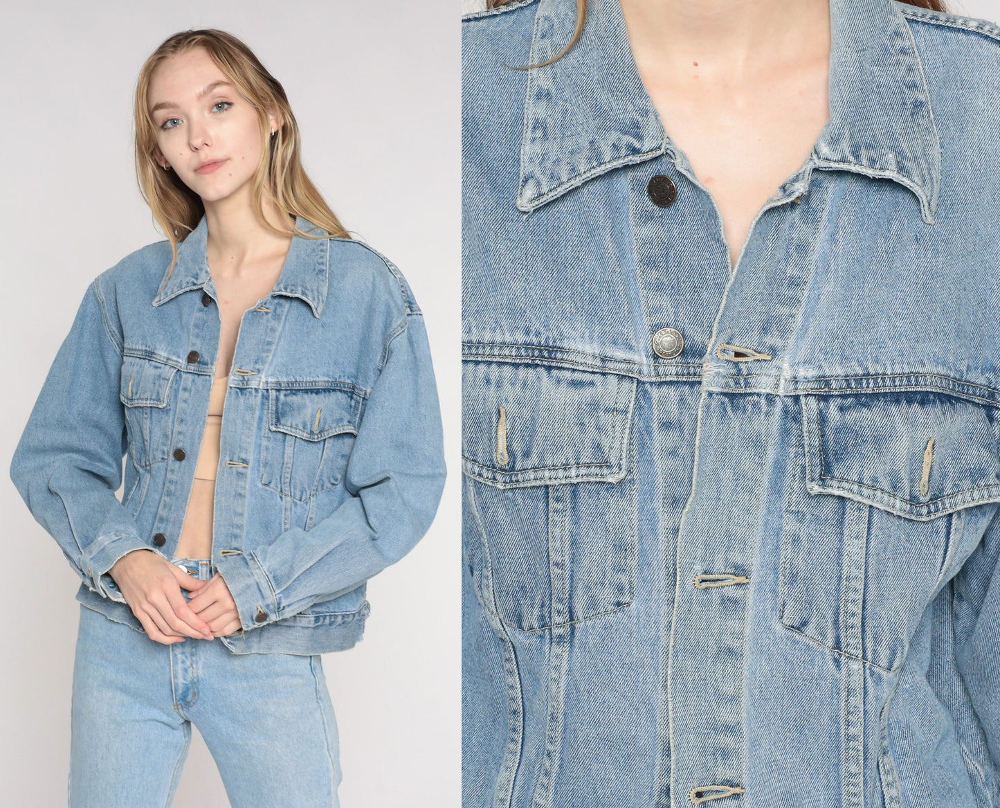 Y2K Blue Denim Jacket Button-Up Jean Jacket Cotton Medium M