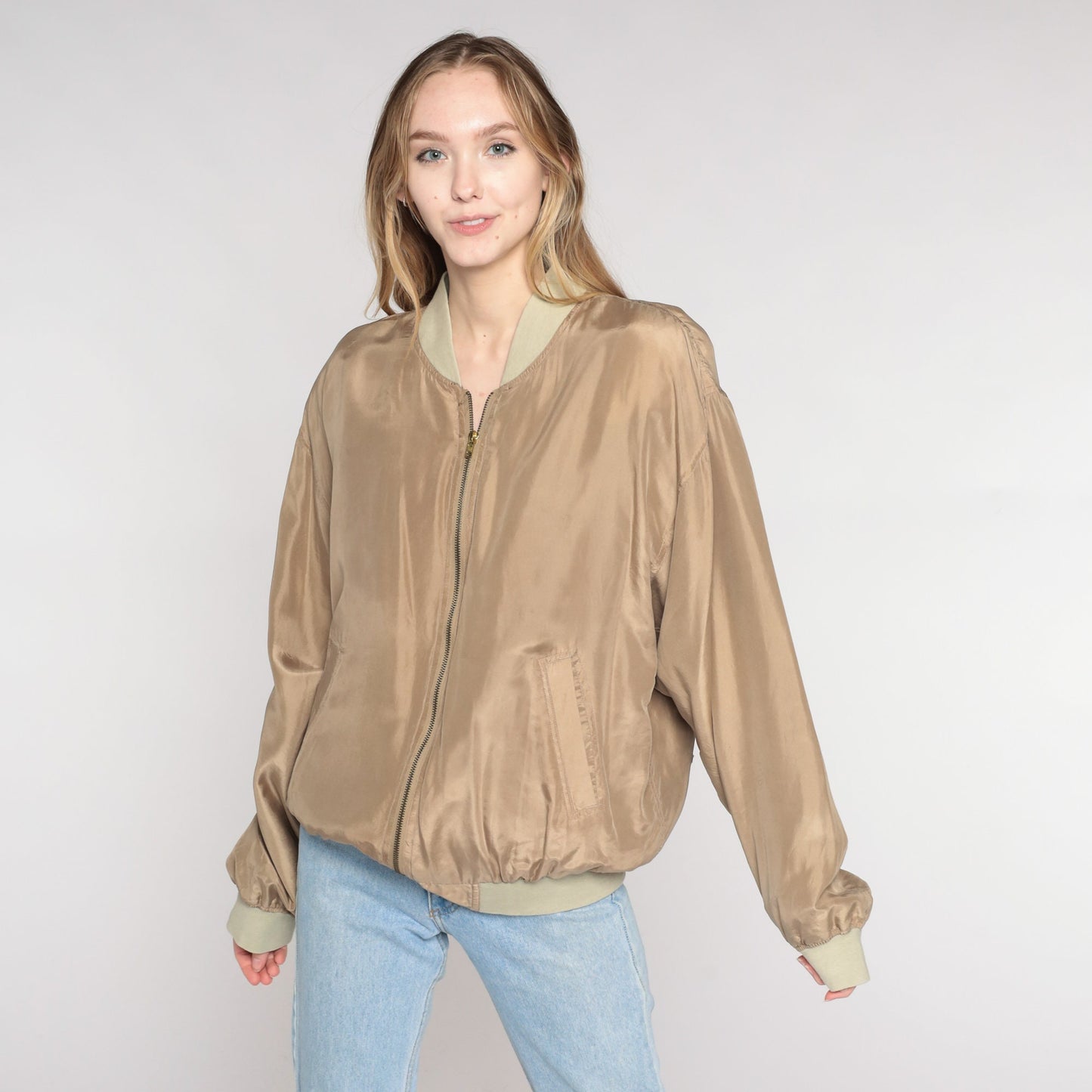 00s Brown Silk Bomber Jacket Zip-Up Windbreaker Medium M