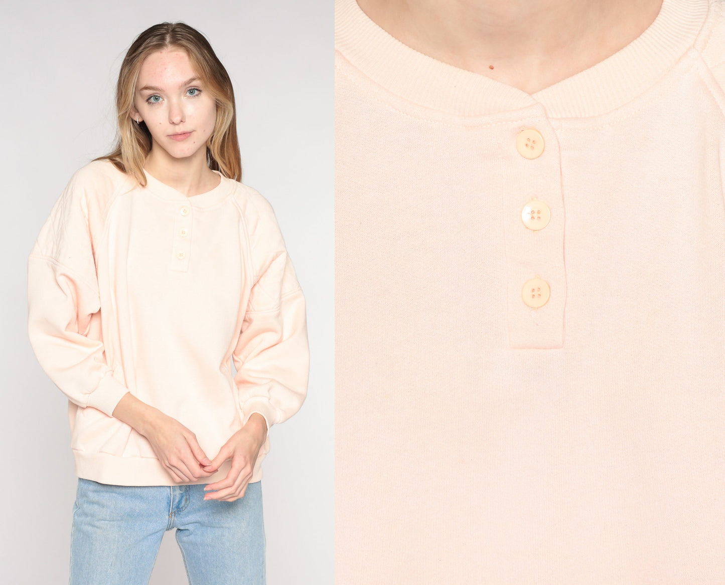 90s Light Pink Quilted Henley Sweatshirt Button Neck Long Sleeve Large L