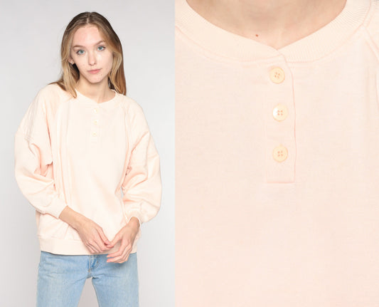 90s Light Pink Quilted Henley Sweatshirt Button Neck Long Sleeve Large L