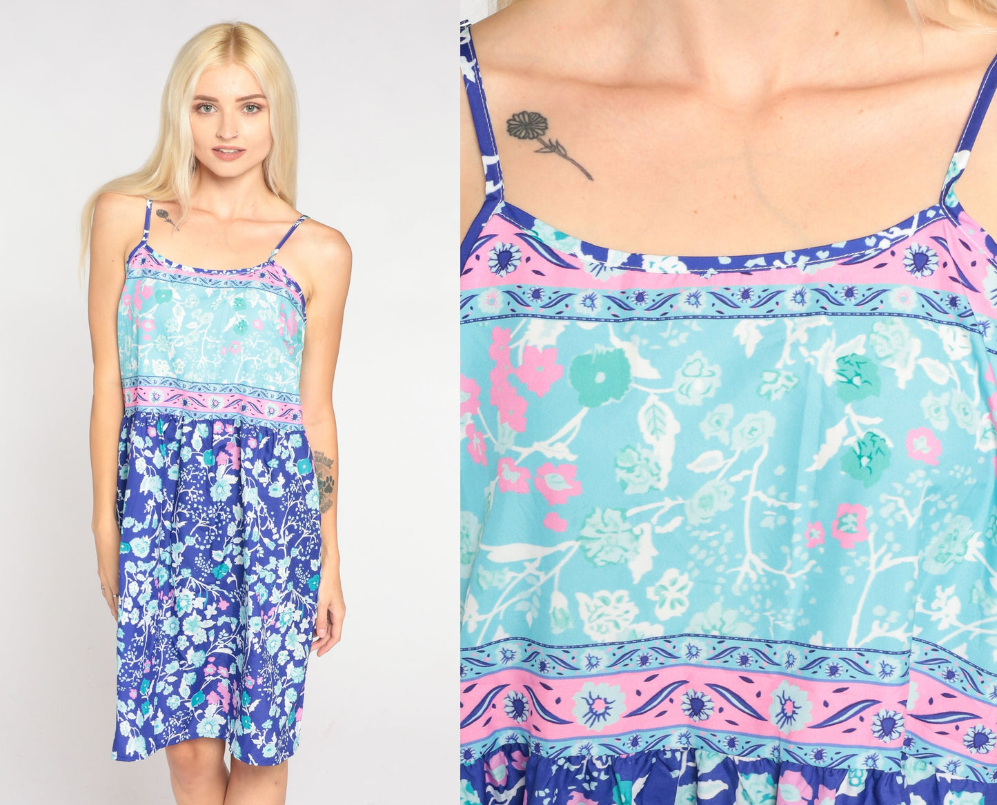 Y2K Blue Floral Mini Dress Sleeveless High Waist Spaghetti Strap Large L
