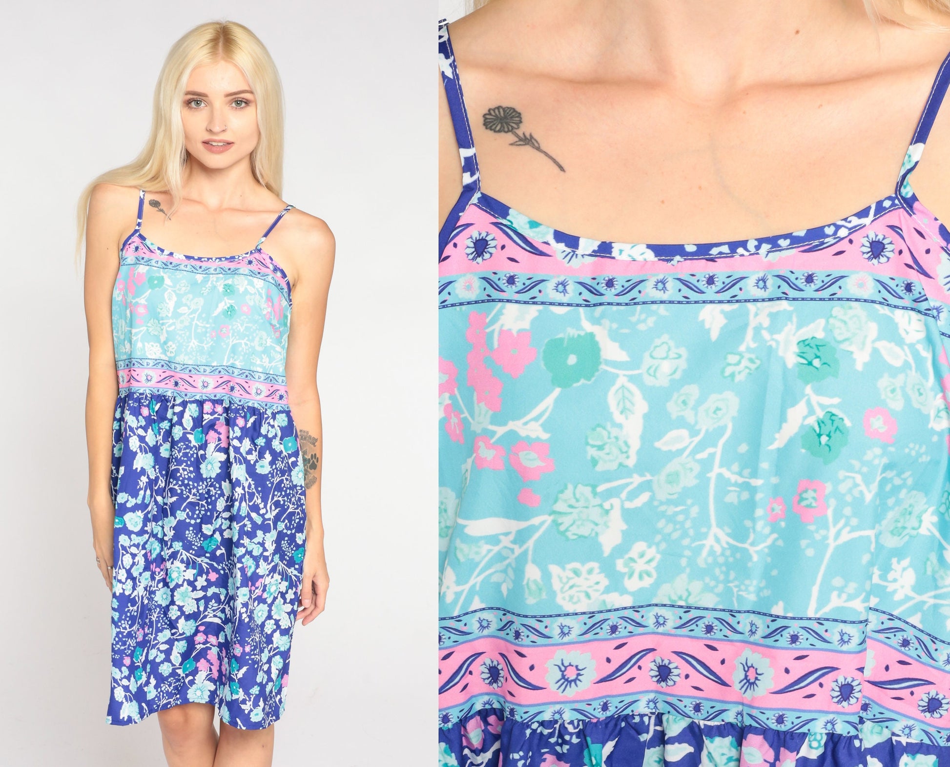 Y2K Blue Floral Mini Dress Sleeveless High Waist Spaghetti Strap Large L