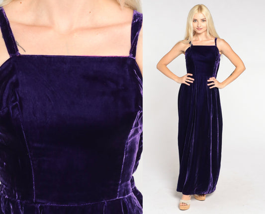 70s Dark Purple Velvet Maxi Dress Sleeveless High Waist Gown Extra Small