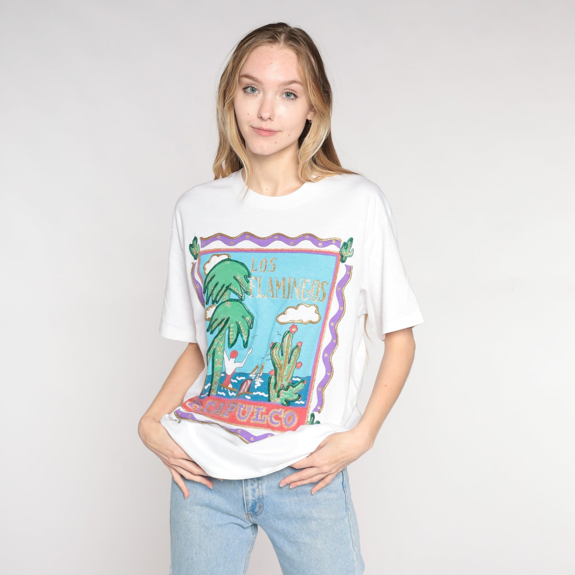 90s Los Flamingos Acapulco Resort T-Shirt Glitter Puff Paint Beach Graphic Medium Large
