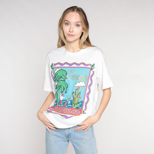 90s Los Flamingos Acapulco Resort T-Shirt Glitter Puff Paint Beach Graphic Medium Large