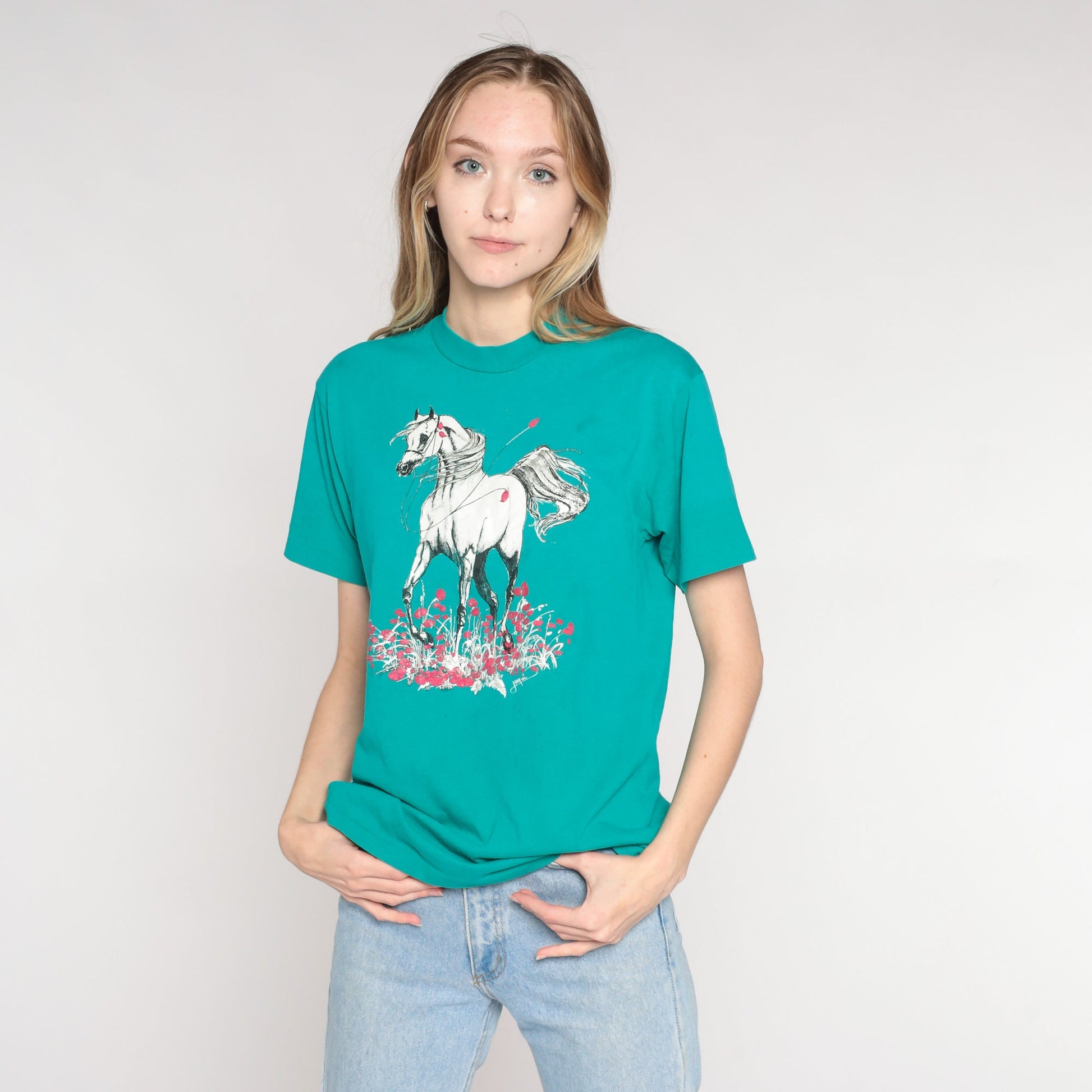90s Glitter Horse Floral Graphic Tee Teal Green Single Stitch Small