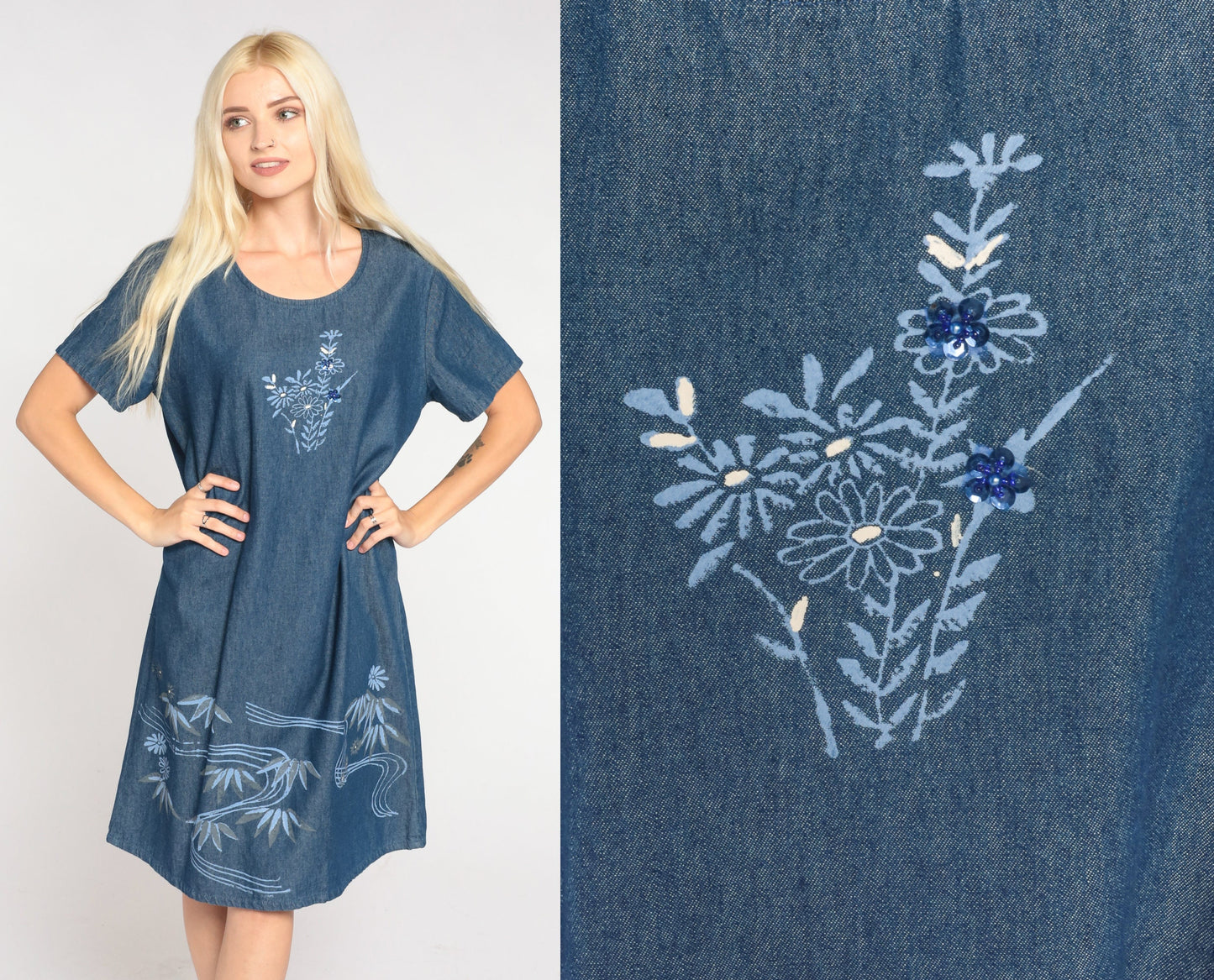 90s Floral Denim Shift Dress Blue Sequin Beaded Short Sleeve Medium M