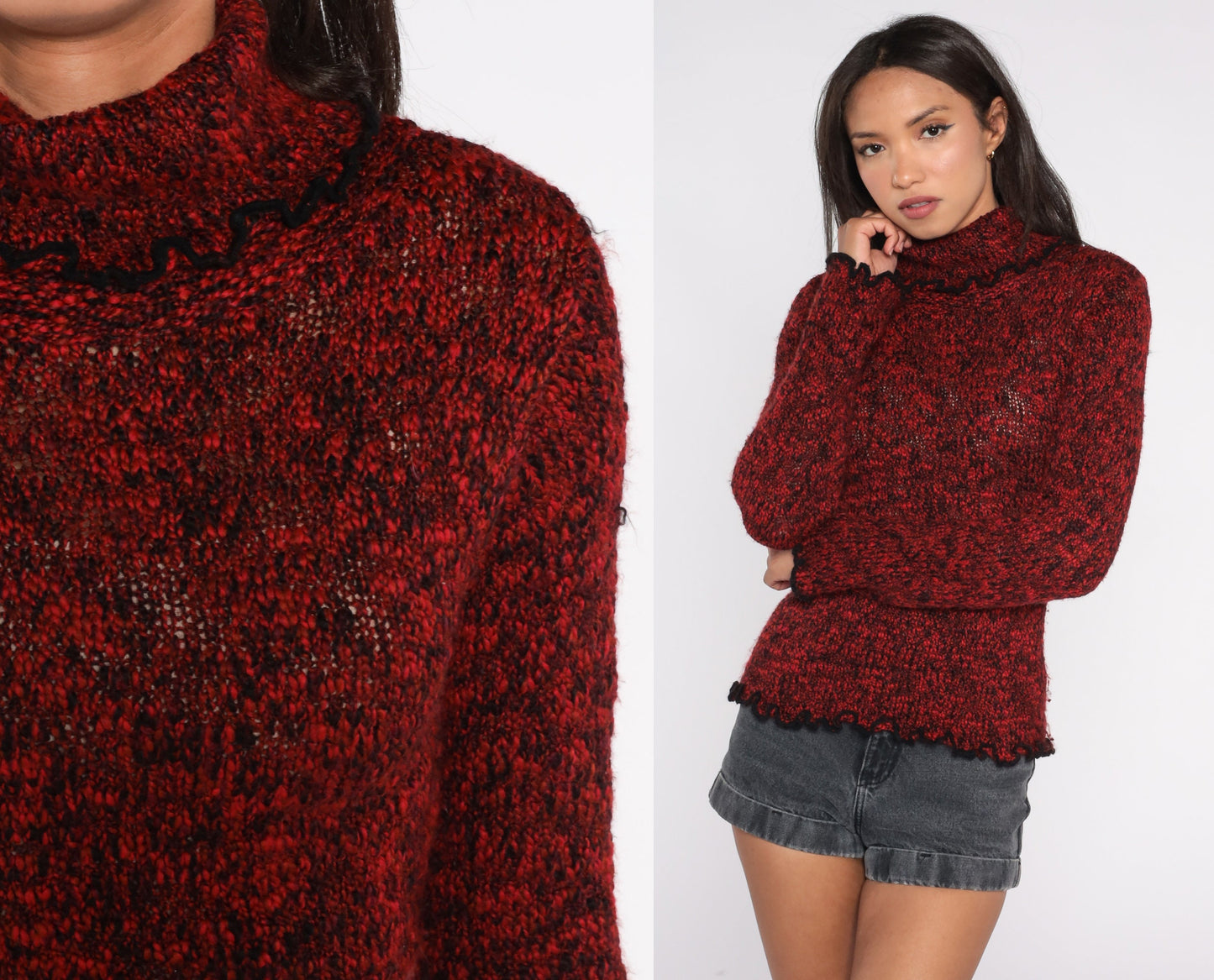 90s Red Black Flecked Turtleneck Sweater Lettuce Edge Knit Medium M
