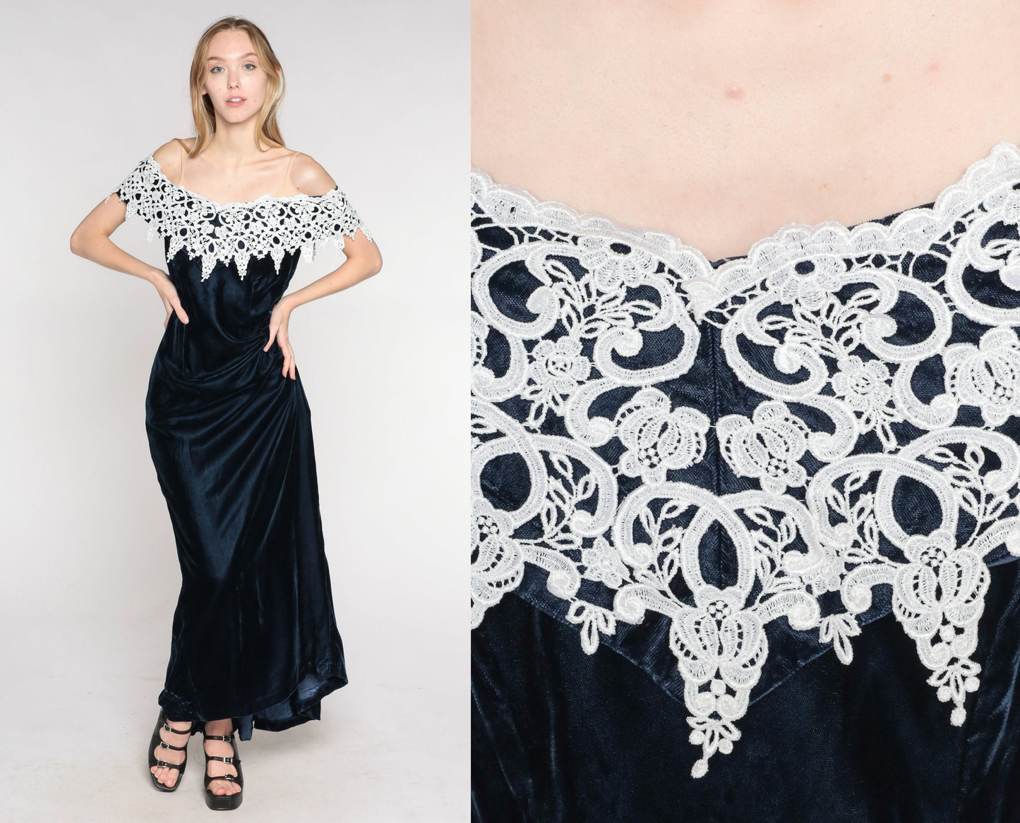 90s Navy Velvet Maxi Dress Off-Shoulder White Lace Trim Small