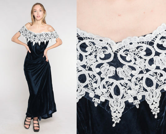 90s Navy Velvet Maxi Dress Off-Shoulder White Lace Trim Small