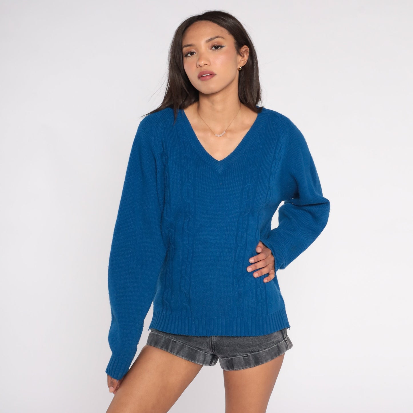 70s Blue Cable Knit V-Neck Sweater Pullover Extra Large XL