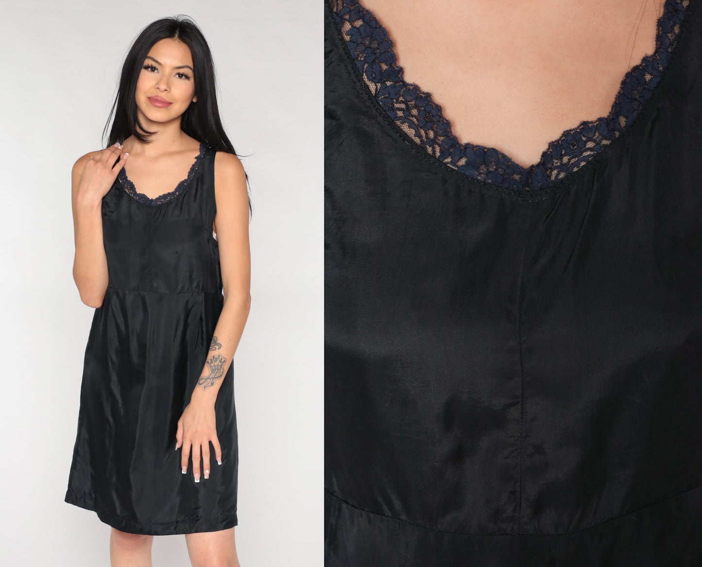 60s Black Slip Dress Blue Lace Trim Mini Nylon Nightgown Small S