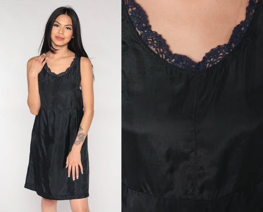 60s Black Slip Dress Blue Lace Trim Mini Nylon Nightgown Small S