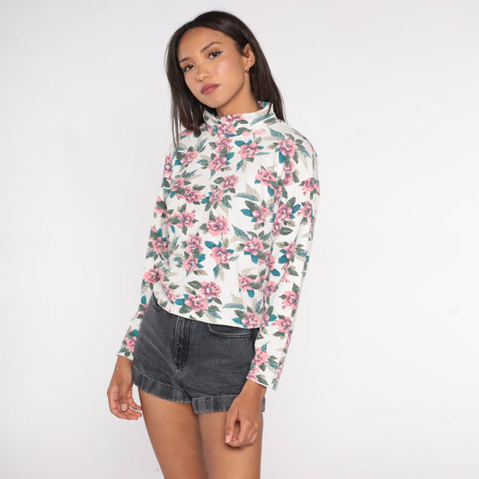 90s Floral Turtleneck Long Sleeve Shirt White Pink Print Medium M