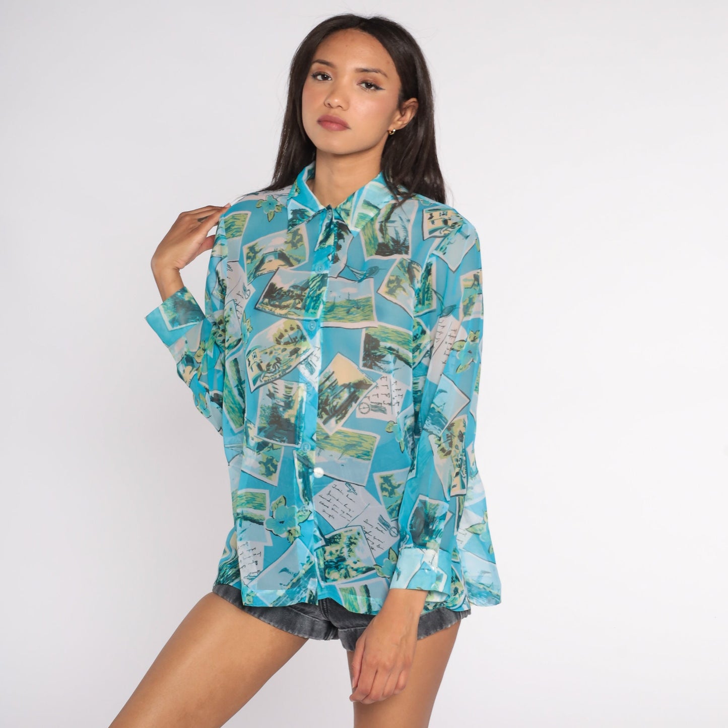 90s Travel Postcard Print Sheer Blue Button-Up Blouse Long Sleeve Medium M