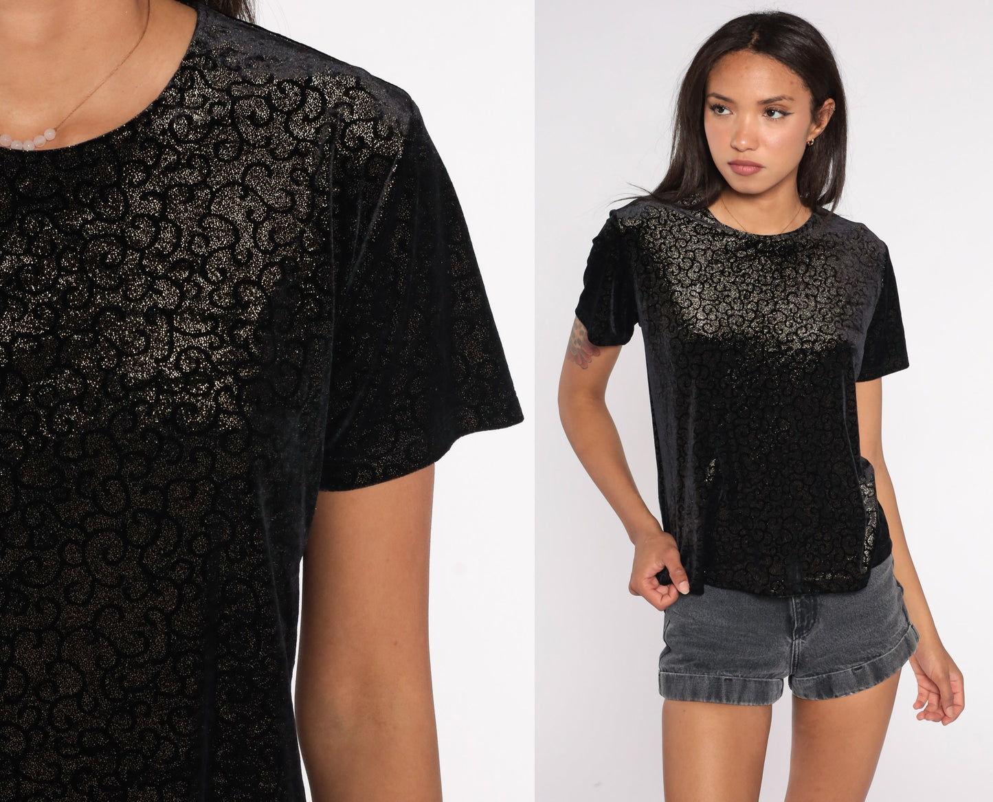 90s Black Velvet Swirl Print Sparkly Short Sleeve Top Medium M